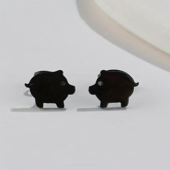Little Pigs Stainless Steel Stud Earrings #823 (Color: Black) - Picture 1 of 8